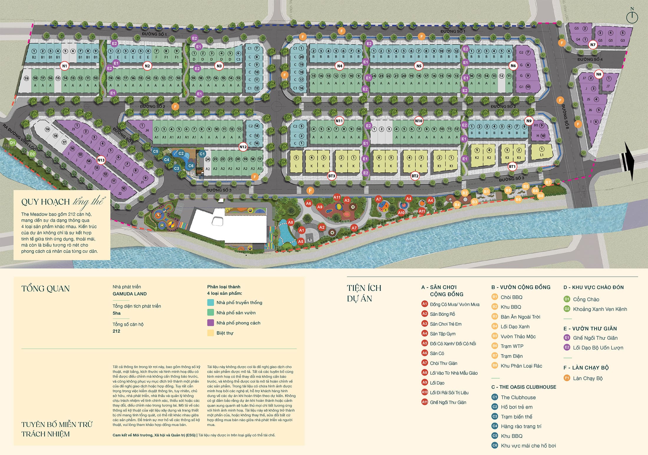 Sơ đồ tổng quy hoạch mặt bằng và các tiện ích của dự án The Meadow Gamuda Land