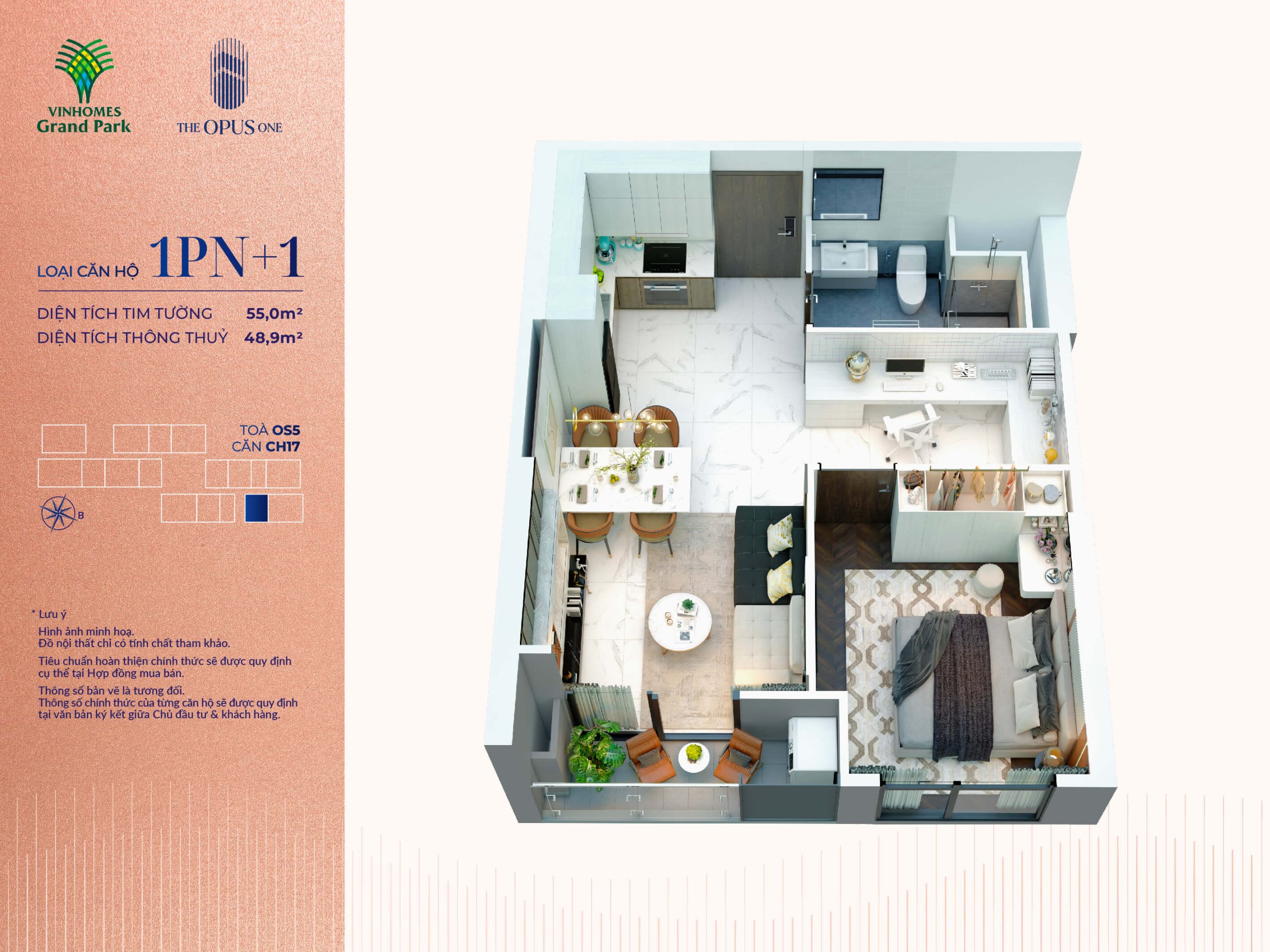 layout thiết kế căn hộ 1 phòng ngủ +1 the opus one