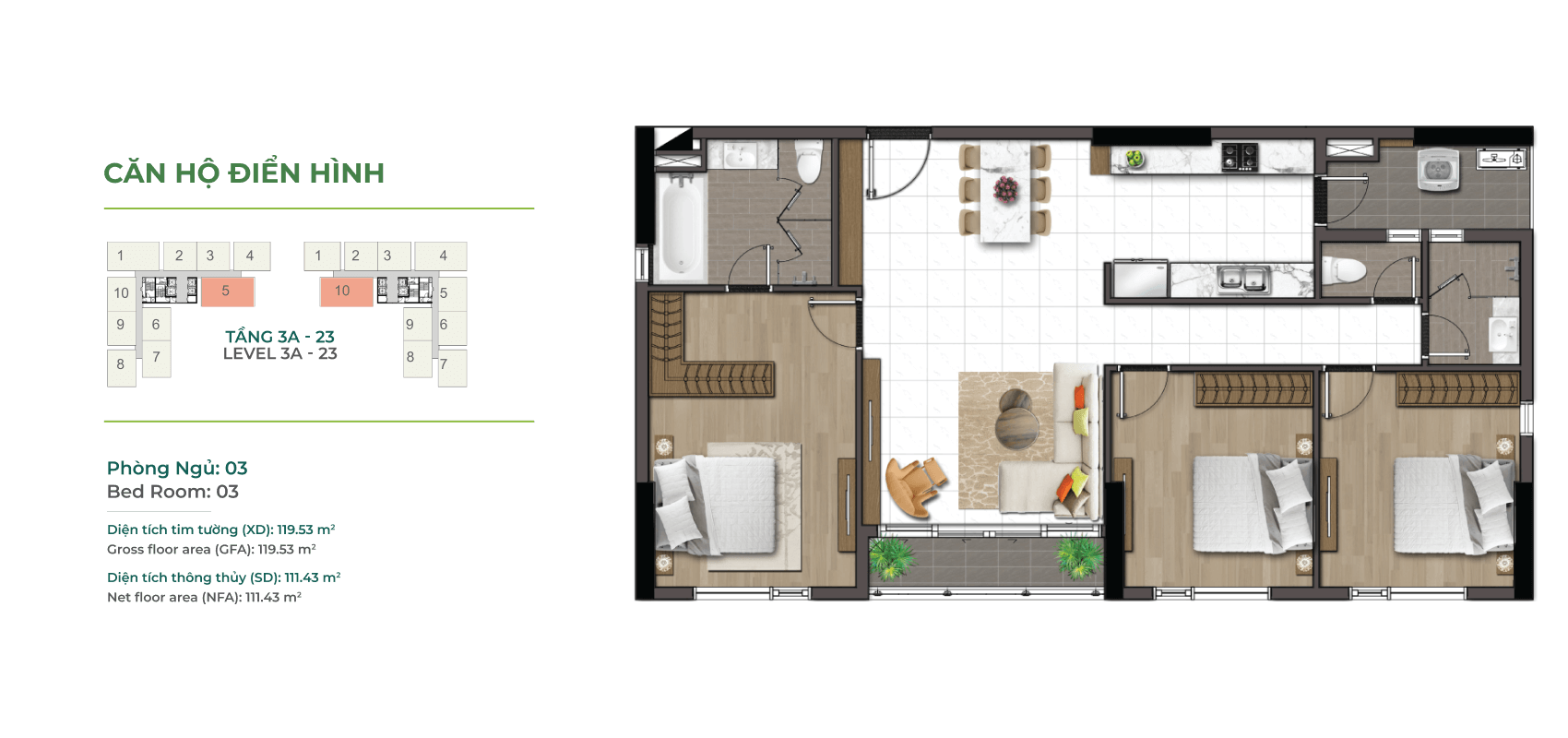 Layout căn hộ 3 phòng ngủ loại 120m2