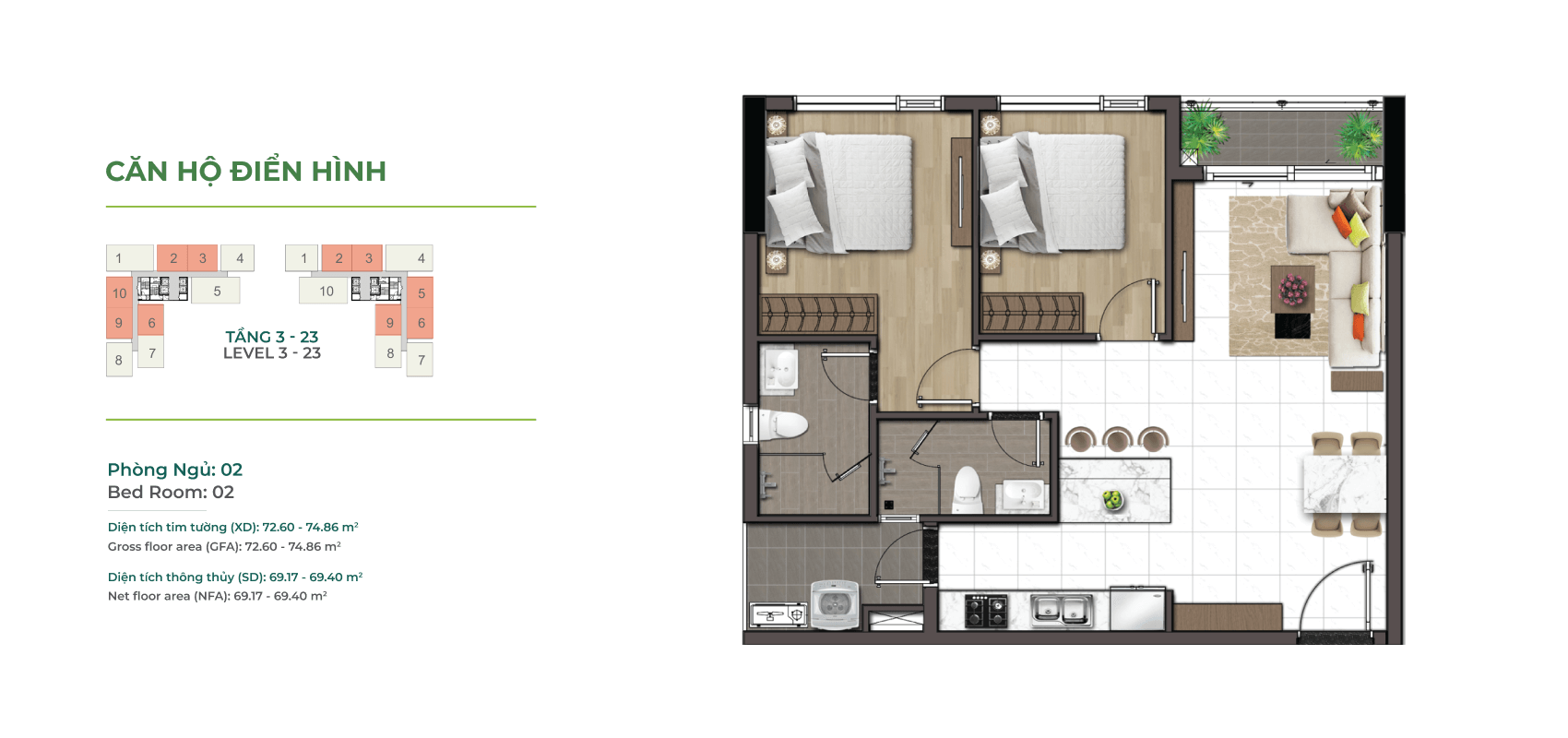 Layout căn hộ 2 phòng ngủ loại 74m2