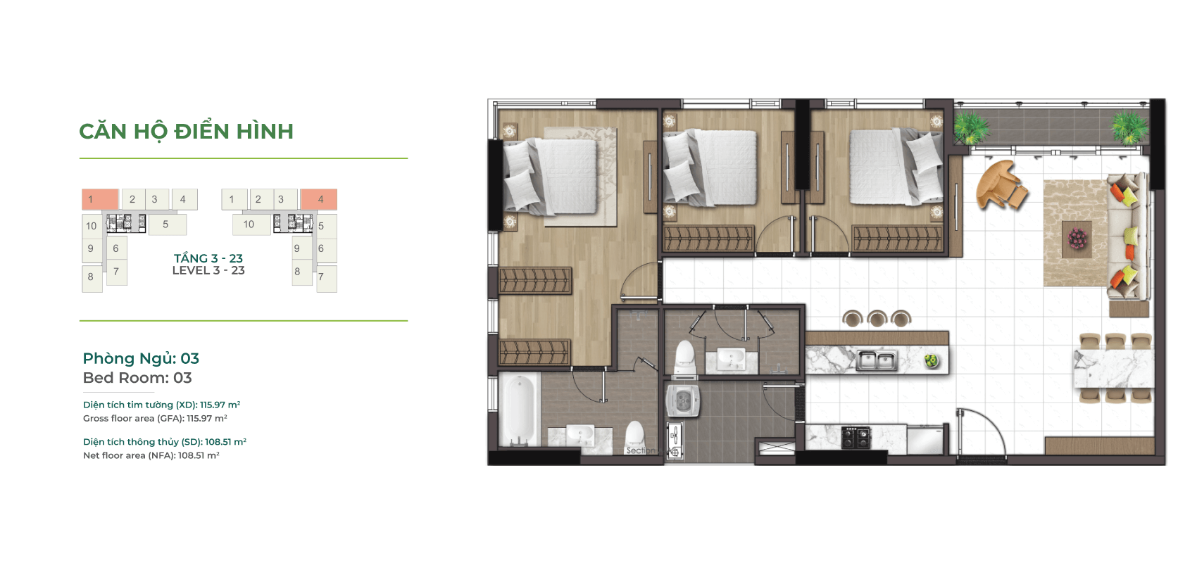 Layout căn hộ 3 phòng ngủ loại 116m2