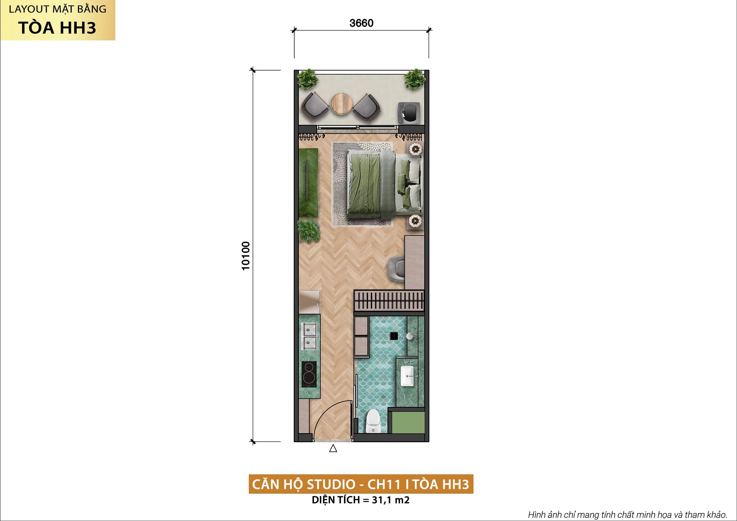 layout căn hộ studio dự án xanh island tòa CH11_HH3